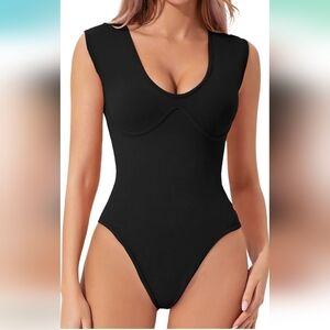 Womens Plunge U Neck Cap Sleeve Bodysuit Soft Body Suit Tops Double Lined Shirt